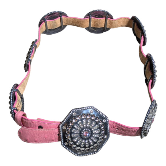 Tony Lama Women's sm 34 Crystal Concho Pink Ostrich Design Leather Western Belt - Picture 1 of 9